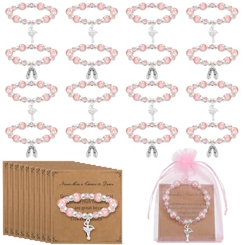 Quelay 16 Set Dance Bracelet Recital Gifts for Women with Greeting Card and Organza Bag Sparkle Pink Ballet Bracelet Charms Ballerina Gift for World Dance Day Team School Ballet Competition Lover