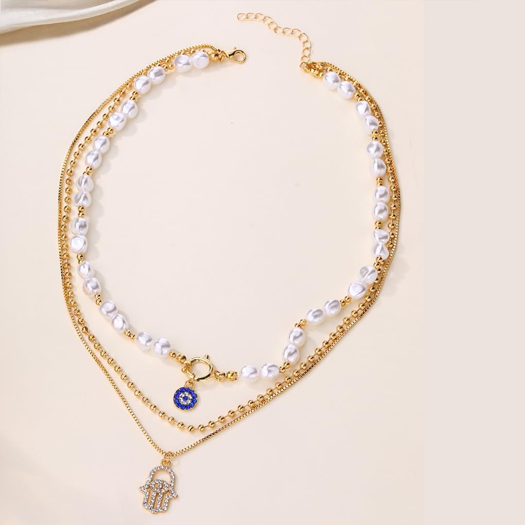 Layered Evil Eye Necklace for Women Dainty 14K Gold Pearl Beaded Choker Necklaces Stacking Rhinestone Hamsa Evil Eye Pendant Necklaces Jewelry Gifts - Image 6
