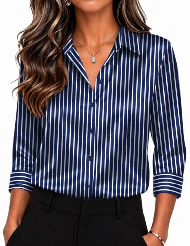 Image of Zeagoo Womens Satin Blouses Button Down Shirts 3 /4 Sleeve Dressy Tops S-2XL