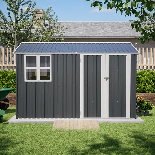 Image of YOPTO 10X8 FT Outdoor Storage Shed,Metal Shed W /Window,Floor Frame & Lockable Swing Door,Garden Tool House W / 4 Air Vents & Sloped Roof,for Backyard Patio Lawn,Gray