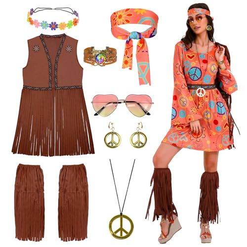 Ulikey Disfraz Hippie para Mujer, Vestido Hippie Set Faldas, Chalecos, Leggings y Accesorios, Disfraz Años 70 Ropa Hippie Disco para Carnaval Fiesta Cosplay Halloween (S)