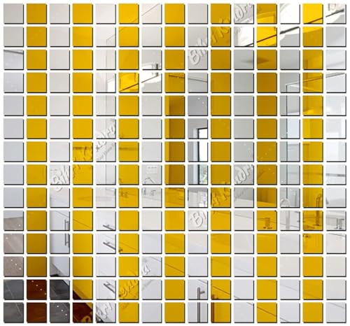 Image of Bikri Kendra - 400 Square Silver Decorative Mirror Stickers for Wall, Wall Mirror Stickers, 3D Acrylic Stickers Wall Stickers for Hall Room, Bed Room, Kitchen Living Room Kids Room. (Silver /Golden)