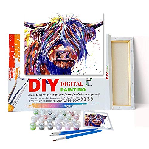 HKLIOPU DIY Malen nach Zahlen für Erwachsene Kinder Anfänger Leinwand Ölgemälde Kit-Bunte Kuh- 11.8x11.8Zoll/30 * 30 cm… – Bild 5