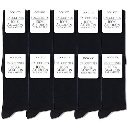 Occulto Calcetines mujer 100% algodón pack de 10 (modelo: Inge) 10 Pares | Negro 39-42