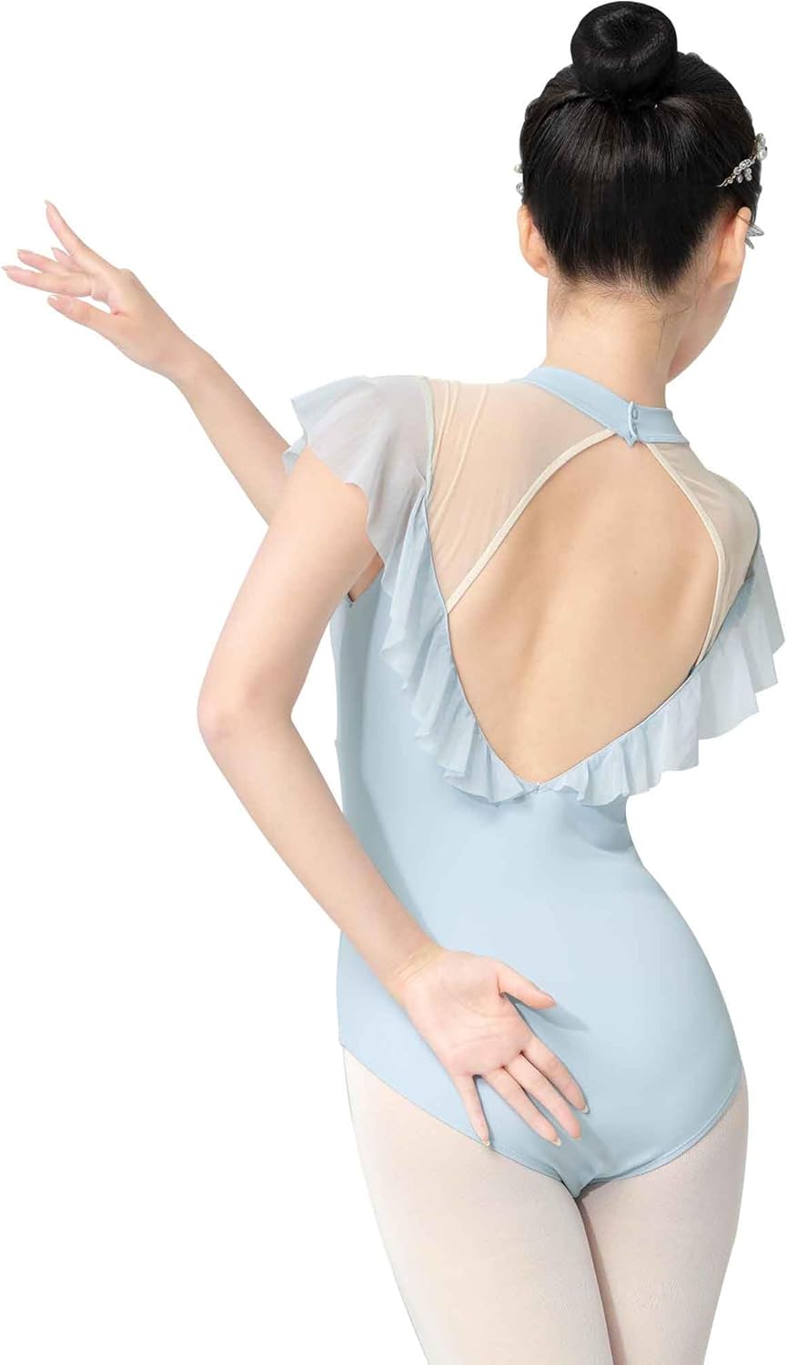 Women's Ballet Leotards with Mesh Splicing, Ruffle Sleeve Dance Bodysuit with Full Front Lining - Image 2