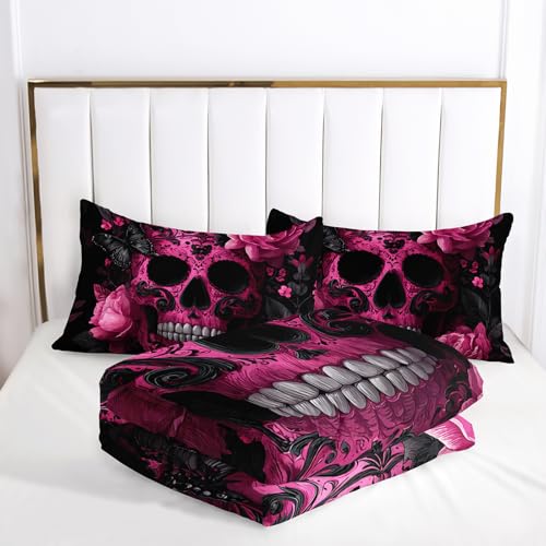 Image of Skull Comforter King Size,Skull Kids Comforter Set,3Pcs Bedding Set Printed Comforter with 2 Pillowcases,Down Alternative,Soft and Lightweight,for All Seasons