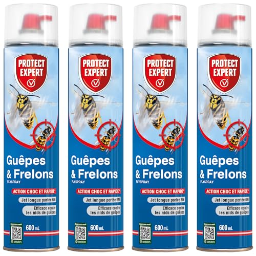 PROTECT EXPERT 4 Anti-Guêpes & Frelons - 4x600ml - Jet Longue Portée 6m - Efficace Sur Les Nids - Action Choc & Foudroyante - Fabriqué en France GUEP600NX4