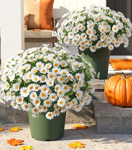Image of HyeFlora Artificial Mums for Outdoors Fall Decor, 6 Bundles Fake Flowers UV Resistant Realistic Faux Flowers Bouquet Silk Flowers for Outside Planter Porch Patio Garden Yard Balcony Home, White