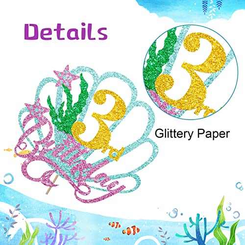 Mermaid Three Cake Topper, Happy 3Rd Birthday Cake Decor For Baby Girl, Little Mermaid Birthday Party Decoration, Under The Sea Themed Party Supplies - Gold Glitter #TOP2