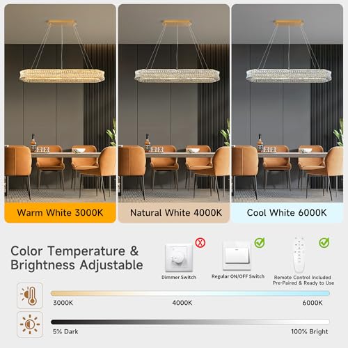 Kiguak 47" LED Rectangle Gold Crystal Chandeliers for Dining Room, Luxury, Rectangular Modern Crystal Oval Kitchen Chandelier, Dimmable LED with Remote, for Dining Room, Kitchen Island by Kiguak - Image 5