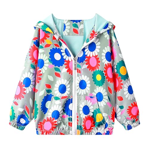 JinBei Baby Jacket Kids Hooded Coat Windbreaker Zip Long Sleeve Cloak Windproof Jackets Soft Light Thin Outwear Jacket for Girls Toddler Age 5-6 Years, Colored Flowers Print