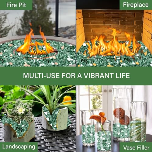 NUPICK 10 Pound Fire Glass, 1/2 Inch Reflective Fire Pit Glass, Tempered Firepit Glass Rock for Propane or Natural Gas, Glass Rocks for Fire Pit Table, Fireplace Glass for Landscaping, Green