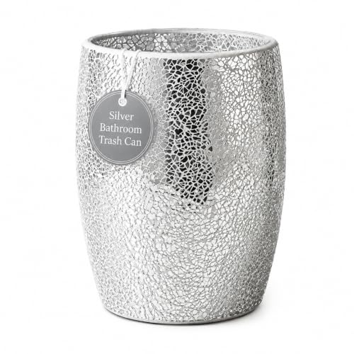Escenzy Silver Bathroom Trash Can, Handmade Mosaic Glass 1.3 Gal / 5L | Decorative Waste Basket for Bathroom, Bedroom, Office | Luxury Silver Glitter Bathroom Decor | Glam Home Decor Gift by Escenzy - Used condition - US$46.04