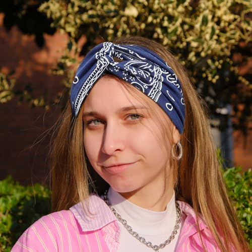 Image of DRESHOW 4 Pack Boho Cotton Non-Slip Headbands for Women Girls Yoga Workout Running Knotted Turban Floral Elastic Head Wrap