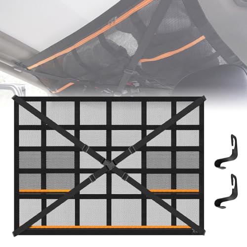 Gepäcknetz Auto Auto Camping Zubehör Gepäcknetz Wohnmobil Autodach 90 × 65 cm Aufbewahrungsnetz mit 3 unabhängige Reißverschlusstaschen 2 Haken und Verstellbare Kreuzgurte für Vier Dacharmlehnen