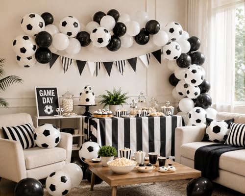 Image of 100pcs 12 inch Soccer Latex Balloons, Black White Soccer Ball Balloon for Boys World Soccer Birthday Anniversary Baby Shower Sports Themed Party Decorations Supplies with Ribbon