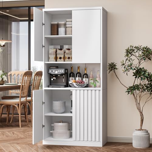 Fluted Pantry Cabinet, 71" Tall Kitchen Pantry with Adjustable Shelves,