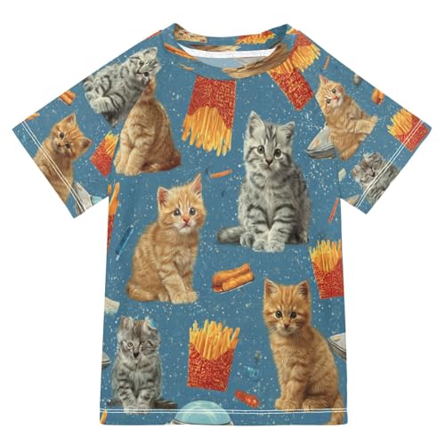 Boys Short Sleeve T-Shirts Cats French Fries Blue Rashguard Kids Swim Shirts Sun UPF 50+