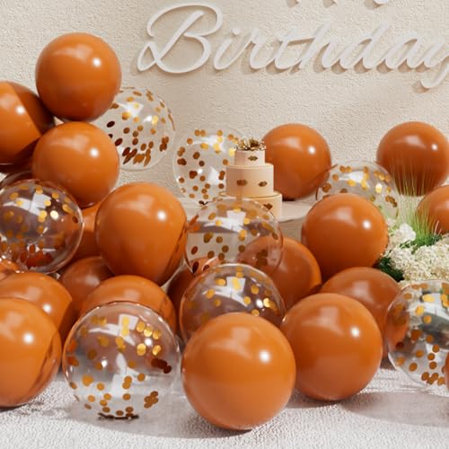 Image of SUWEN 47PCS Burnt Orange and Confetti Terracotta Rust Balloons Latex Set | Terracotta Rust Color Helium Matte Balloon for Birthday Anniversary Fall Themed Party Decorations