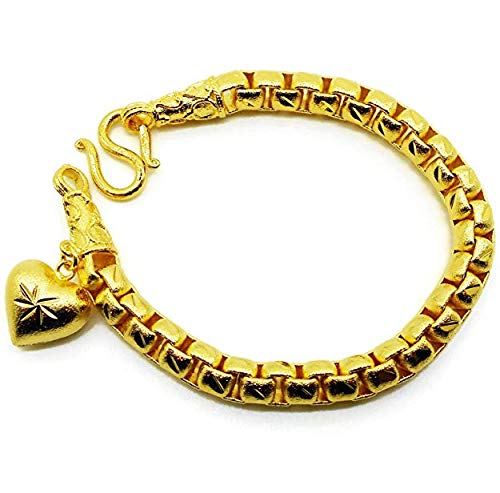 Chain Gorgeous Heart Charm Thai Baht Yellow Gold Plated Filled Bangle 23k 24k Bracelet Jewelry 7,7.5,8 inch