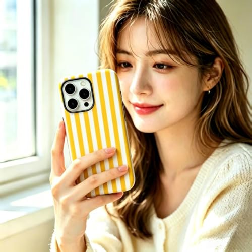 Image of for iPhone 16Pro Case Cute Phone Case,Compatible with MagSafe,Dual Layer Shockproof Protective Phone Cover,Hard Shell + Silicone Cover,Fashion Design for Women Girls,Striped Yellow