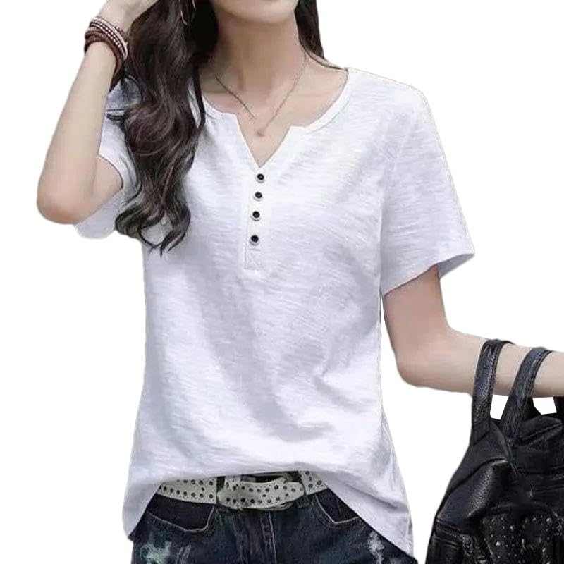 T-shirt col en V femme en coton ample et manches courtes blanc