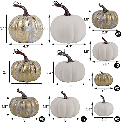 Image of winemana 16 Pcs Golden and White Pumpkins Fall Decorations for Home | Assorted Sizes, Artificial Foam Pumpkin, Thanksgiving Table Decorations, Harvest Autumn Decor, For Indoor Home Kitchen Mantle