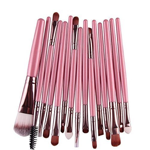 Sankuwen 15PCs Makeup Brush Set Tools Toiletry Kit (Pink-Coffee)