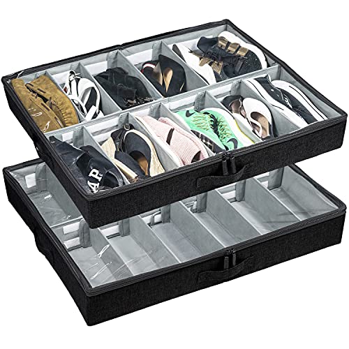 Low Profile Under Bed Shoe Storage Organizer, 4.5 Inches Tall and Fits Beds 5 Inches Off the Floor, Adjustable Dividers, Underbed Shoe Storage Solution - Set of 2 (Black)