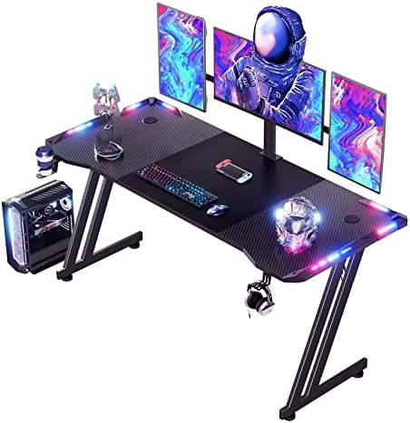 HLDIRECT 63 Inch Gaming Desk with LED Lights Carbon Fibre Surface Gaming Table Large Computer Desk Ergonomic Home Office Desks Z Shaped PC Gamer Workstations with Cup Holder & Headphone Hook Black