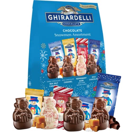Ghirardelli Chocolate Limited Edition Snowmen Assortment, Individually Wrapped Bulk Chocolates Holiday Bag, Dark Sea Salt Caramel, Milk, and Peppermint Bark, 13.9 Ounces
