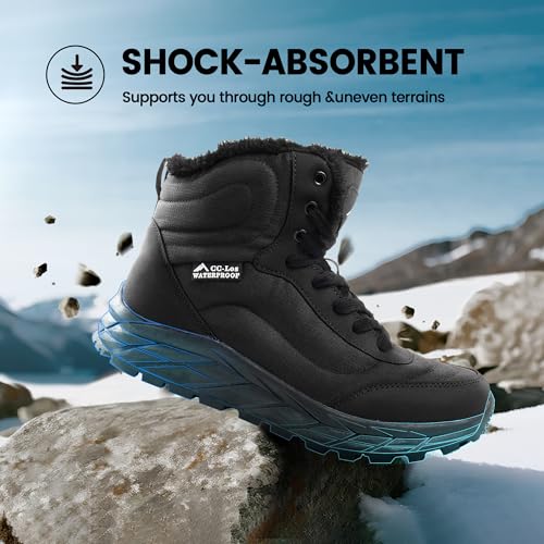 CC-Los Damen Winterstiefel Wasserdicht mit Warmem Kunstfellfutter, Rutschfeste Outdoor Knöchelstiefel für Schnee, Wandern und Kaltes Wetter | Schwarz 39