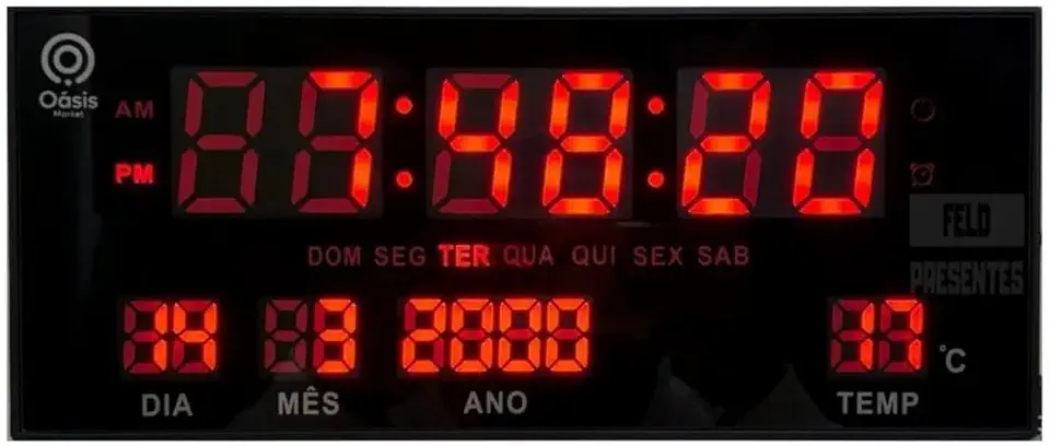 Relógio de Parede Digital LED Grande 31cm com Termômetro e Calendário – Display Vermelho, Hora Data Dia da Semana, 4 Alarmes, Bivolt para Loja Escritório Academia
