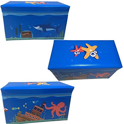Blue Large Storage Toy Box For Boys Girls Books Chest Clothes Seat Stool With Beautiful Sea Animal Pictures Kids Childrens Accessories