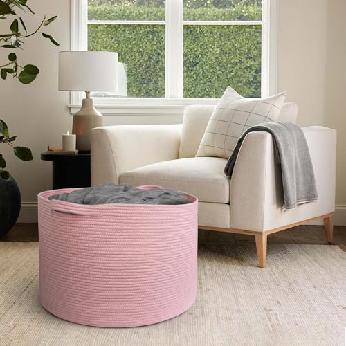 Image of MEGASKET 115L Oversized Pink Basket, 23.6 inchx15.7 inch Woven Cotton Rope Bin with Handles, XXXL Blanket Storage for Living Room, Kids Toy Storage Bin Box, Baby Laundry Basket for Organizing, Pink Room Decor