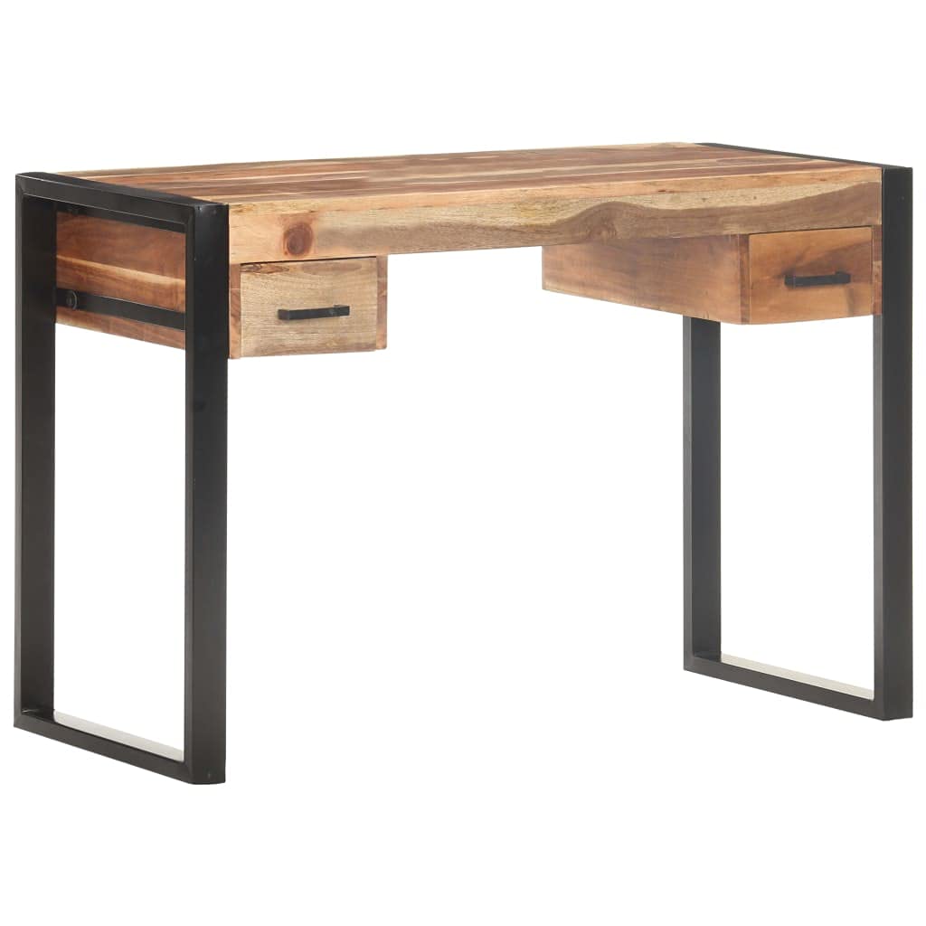 Vintage Schreibtisch 110x50x76 cm aus massivem Akazienholz und Gummibaumholz mit Zwei Schubladen, Stahlgestell für Stabilität, vielseitig als Computertisch oder Bürotisch nutzbar