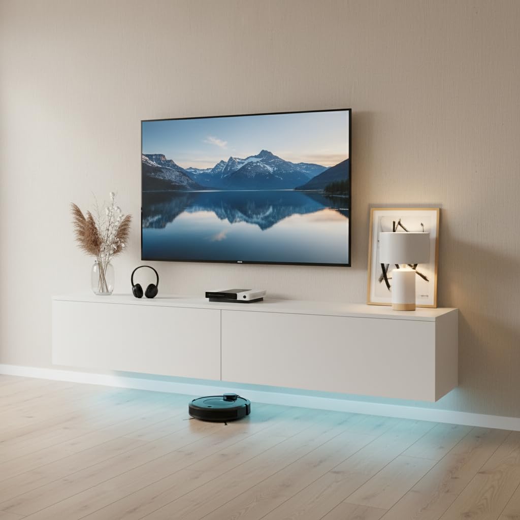 Mobile TV Bianco, 180x33x30cm, con Luce Led, con 2 Vani Portaoggetti, Mobile TV Sospeso per Soggiorno, Camera da Letto, Bianco