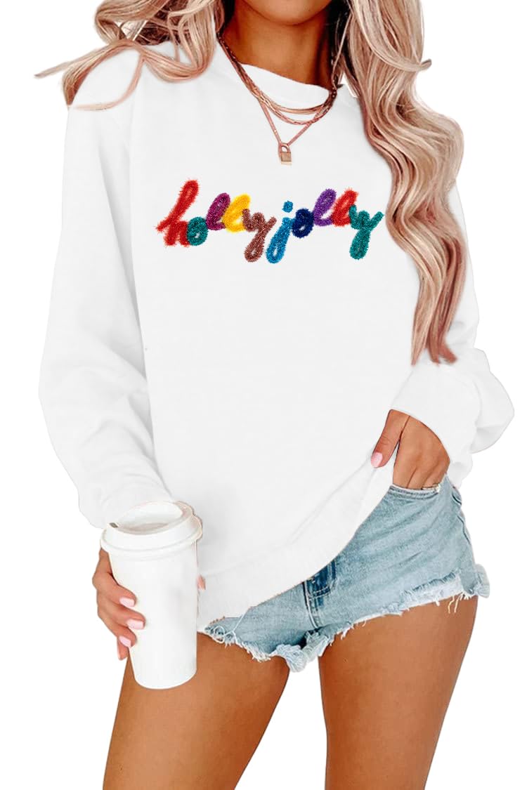ASTANFY Christmas Sequins Sweatshirts Women Jolly Glitter Patch Crewneck Sweater Xmas Long Sleeve Pullover Top