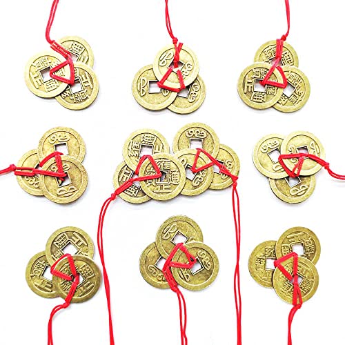 EasyBravo 10 Sets Fortune Coins Feng Shui Coins with Red String for Wealth and Success, 30 Coins