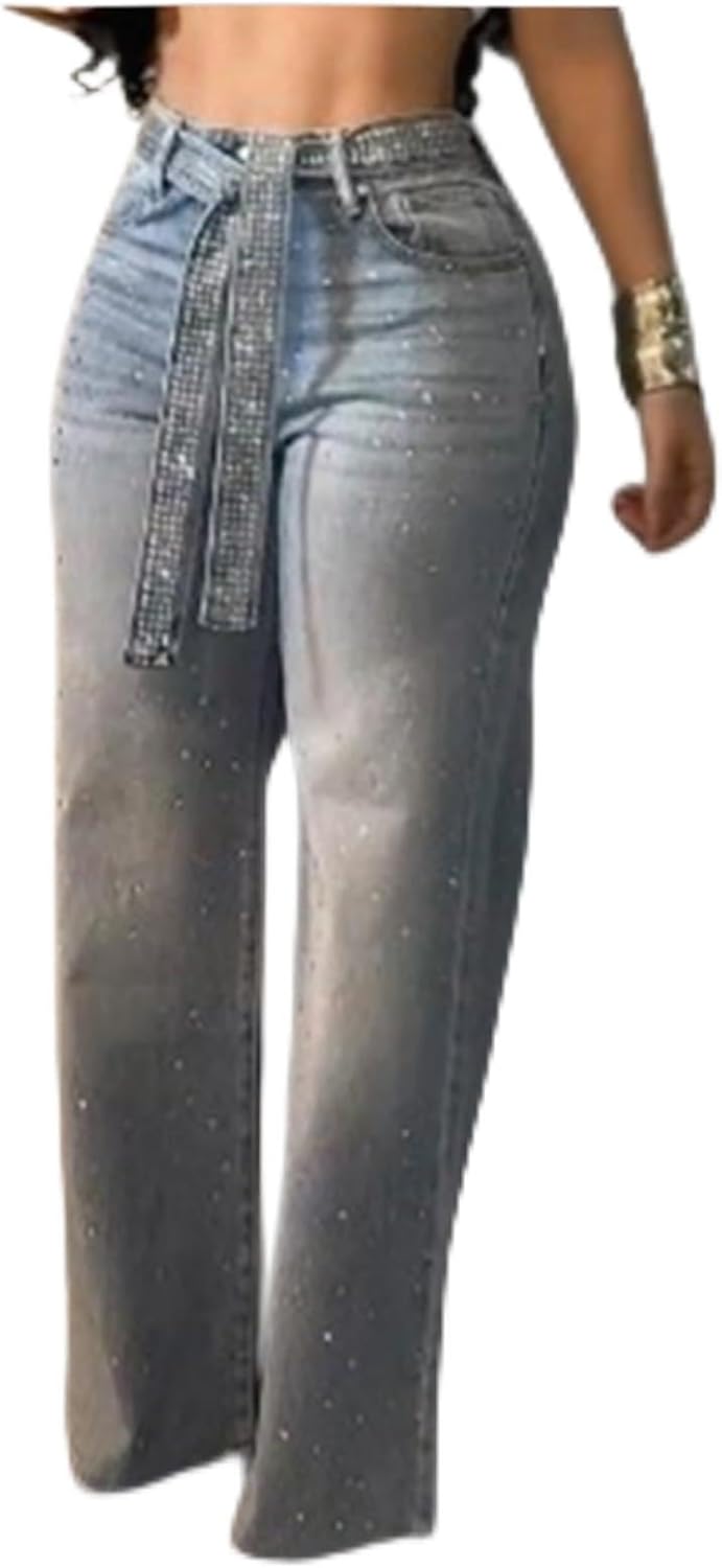 Womens Bling Jeans Rhinestones Skinny High Waisted Straight Wide Leg Loose Fit Sparkly Glitter Classic Denim Straight Leg