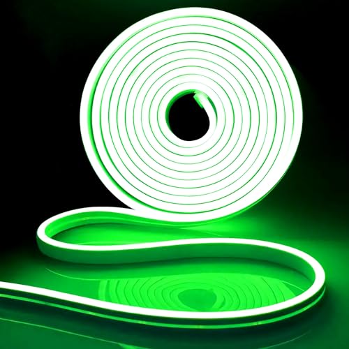 iNextStation Neon LED Strip Light, 12V 5m Dimmable Green Neon Rope Light, Cuttable Outdoor Strip Lights Waterproof for Bedroom Staircase Bar Shop Window Indoors Outdoors DIY Decor (No Power Plug)