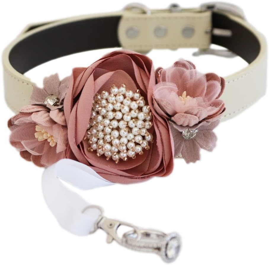 Dusty pink pearl beaded handmade flower collar, dog ring bearer handmade XS XXL collar, Proposal country rustic dusty pink wedding