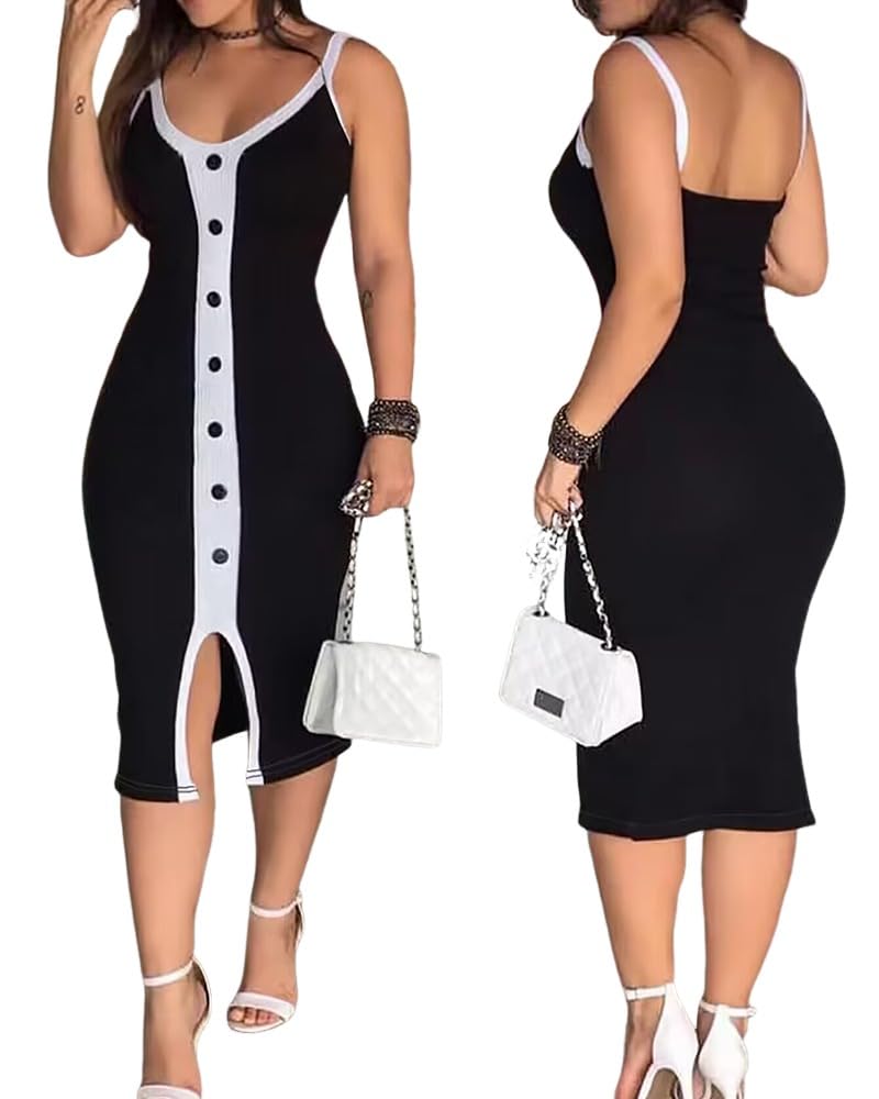 Womens Bodycon Midi Work Dresses Contrast Paneled Button Decor Business Sleeveless U Neck Casual 2025 Dress