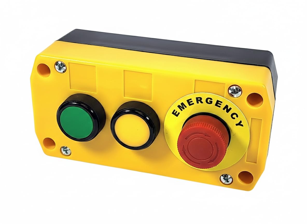 Alpinetech 3 Buttons Control Station - Control Box, Self Locking Emergency Stop and/or Momentary Push Button Switches (Emergency_Stop and 2 Push Buttons)