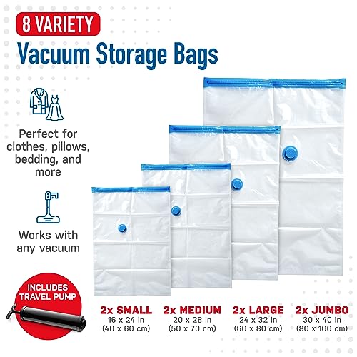 Image of Spacesaver Vacuum Storage Bags with Hand Pump - Vacuum Seal Bags for Clothing, Comforters, Blankets - Reusable Compression Bags for Travel, Moving, Organization - 2S, 2M, 2L, 2XL Sizes - Pack of 8