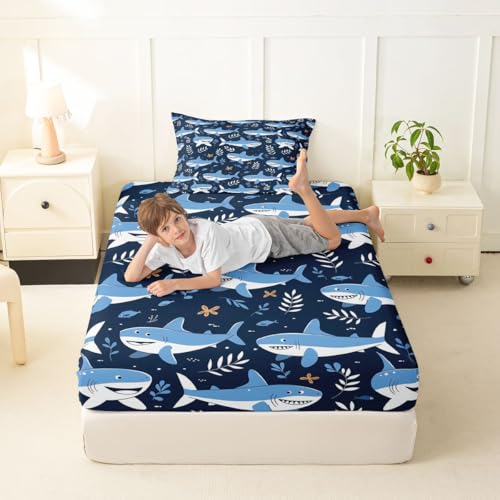 Image of jejeloiu Shark Bed Sheets Set Twin Size Ocean Decor Deep Pocket Fitted Sheet Sea Animal Bedding Sets Marine Life Soft Bed Set 3Pcs with 1 Pillow Cases