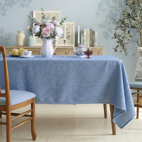 Image of Cotton Tablecloth, Edge Trim, Ocean Blue, 60 x 75 in | Heavyweight chambray cotton, embroidered edge trim, 4-seater rectangle, machine washable, everyday dining and hosting