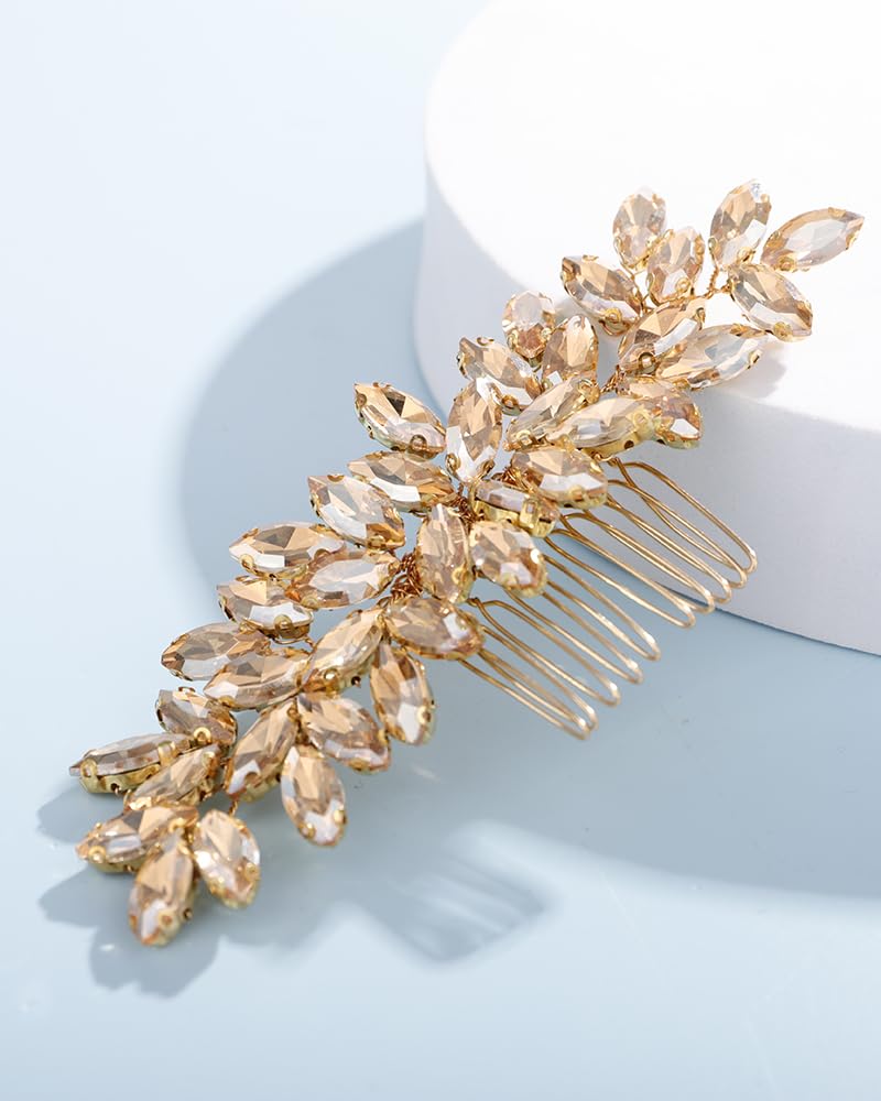 Rumtock Wedding Bridal Champagne Crystal Side Headpiece for Women Girls Women Girls Special Occasion Jewelry (Champagne)