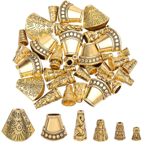 SOFPLATE 1 Box 48Pcs 6 Styles Gold Cone Bead Caps Metal Bead End Caps Alloy Antique Tibetan Vintage Retro Small Spacer Charms Findings Accessories for Jewelry Making Necklaces Bracelets DIY Crafts