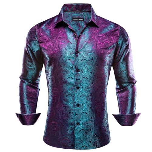 Barry.Wang Men Dress Shirts Paisley 70s Disco Shirt Button Down Silk Long Sleeve Tops for Wedding/Prom/Party/Nightclub3